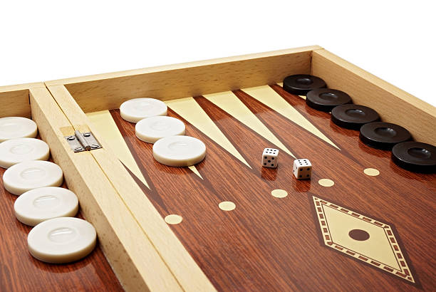 Backgammon Game Board with Black and White Pieces and Dice