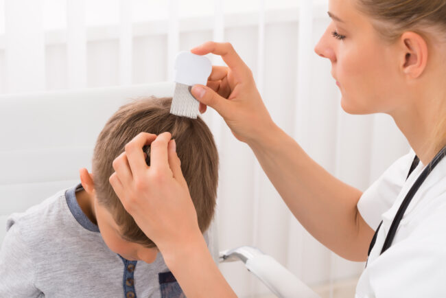 Close-up Of Female Doctor Doing Treatment On Boy's Hair With Comb